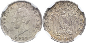 ÉQUATEUR - ECUADOR
République. 1/2 decimo de sucre 1915 BIRMM, Birmingham.
KM.55.2 ; Argent - [1,25] g - 15 mm - 6 h
NGC AU 55 (6385814-011). 
Superbe...