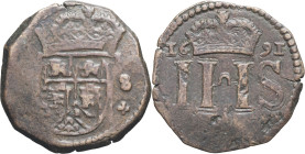 ESPAGNE - SPAIN
Charles II (1665-1700). 8 maravédis 1691, Madrid.
AC.120 ; Cuivre - 13,02 g - 29 mm - 9 h
Frappe pour le commerce à Oran (Algérie). Fl...