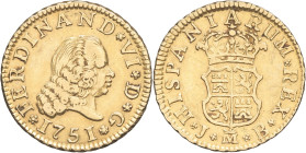 ESPAGNE - SPAIN
Ferdinand VI (1746-1759). 1/2 escudo 1751, M couronnée, Madrid.
KM.378 - Fr.274 ; Or - 1,76 g - 14,5 mm - 12 h
Légère rayures au rever...