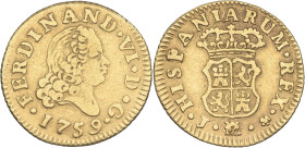 ESPAGNE - SPAIN
Ferdinand VI (1746-1759). 1/2 escudo 1759, M couronnée, Madrid.
KM.378 - Fr.274 ; Or - 1,74 g - 14,5 mm - 12 h
TB.