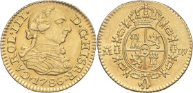 ESPAGNE - SPAIN
Charles III (1759-1788). 1/2 escudo 1786, M couronnée, Madrid.
KM.425 - Fr.290 ; Or - 1,72 g - 14 mm - 12 h
D’infimes hairlines. TTB à...