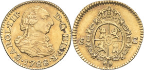 ESPAGNE - SPAIN
Charles III (1759-1788). 1/2 escudo 1788, S, Séville.
KM.425 - Fr.289 ; Or - 1,74 g - 14 mm - 12 h
Superbe.