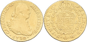 ESPAGNE - SPAIN
Charles IV (1788-1808). 1 escudo 1792, Madrid.
KM.434 - Fr.298 ; Or - 3,29 g - 17,5 mm - 12 h
B à TB.