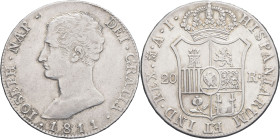 ESPAGNE - SPAIN
Joseph Napoléon (1808-1813). 20 réales 1811 AI, M couronnée, Madrid.
KM.551.2 - DMP.866 ; Argent - 26,86 g - 40 mm - 12 h
TTB.