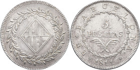 ESPAGNE - SPAIN
Joseph Napoléon (1808-1813). 5 pesetas 1811, Barcelone.
KM.69 - DMP.874 ; Argent - 27,00 g - 39 mm - 12 h
Superbe.