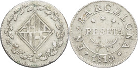 ESPAGNE - SPAIN
Joseph Napoléon (1808-1813). Peseta 1810/09, Barcelone.
AC.33 - KM.70 ; Argent - 5,54 g - 26 mm - 12 h
TTB.