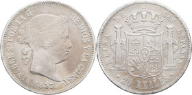 ESPAGNE - SPAIN
Isabelle II (1833-1868). 20 réales 1857, Madrid.
KM.609.2 ; Argent - 25,75 g - 37 mm - 12 h
Patine hétérogène. TTB.