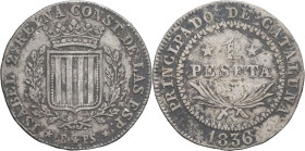 ESPAGNE - SPAIN
Catalogne, Isabelle II (1833-1868). 1 peseta 1836, Barcelone.
AC.272 - KM.129 ; Argent - 5,65 g - 25 mm - 12 h
TTB.