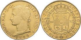 ESPAGNE - SPAIN
Joseph Napoléon (1808-1813). 320 réales 1810, Madrid.
Fr.300 ; Or - 26,99 g - 36 mm - 12 h
Très rare module. Une fine rayure sur le co...