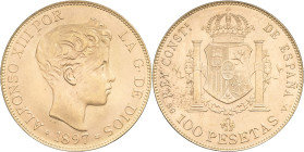 ESPAGNE - SPAIN
Alphonse XIII (1886-1931). 100 pesetas, buste adolescent 1897 (19-62) SG, V, Madrid.
KM.708 - Fr.347 ; Or - 32,25 g - 35 mm - 6 h
Supe...