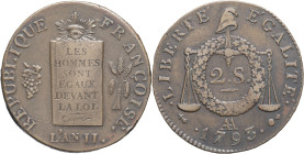 FRANCE - FRANCE
Convention (1792-1795). 2 sols à la balance 1793 - An II, AA, Metz.
G.31 ; Cuivre - 24,05 g - 33 mm - 6 h
Très belle qualité pour ce t...