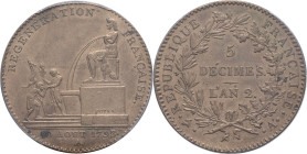 FRANCE - FRANCE
Convention (1792-1795). 5 décimes régénération An 2 (1793), A, Paris.
Maz.261 ; Cuivre - 35 mm - 6 h
PCGS AU58 (47034571). 
Superbe....