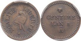 FRANCE - FRANCE
Convention (1792-1795). Essai de Centime au bonnet Phrygien An 2 (1793), A, Paris.
G.70 - Maz.303 ; Cuivre - 17,5 mm - 6 h
PCGS SP58 (...