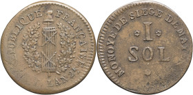 FRANCE - FRANCE
Convention (1792-1795). 1 sol, siège de Mayence 1793.
G.65 ; Cuivre - 3,75 g - 21 mm - 12 h
TTB.