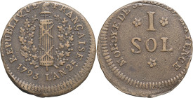 FRANCE - FRANCE
Convention (1792-1795). 1 sol, siège de Mayence 1793.
G.65 ; Cuivre - 3,57 g - 21 mm - 12 h
Frappe décentrée. TTB.