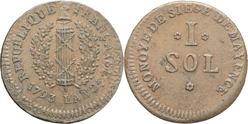 FRANCE - FRANCE
Convention (1792-1795). 1 sol, siège de Mayence 1793.
G.65 ; Cui...