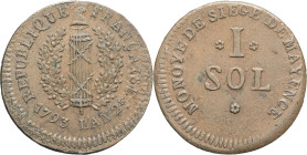 FRANCE - FRANCE
Convention (1792-1795). 1 sol, siège de Mayence 1793.
G.65 ; Cuivre - 4,60 g - 21 mm - 12 h
Beau TTB.