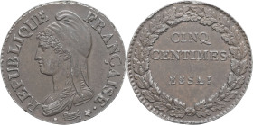 FRANCE - FRANCE
Directoire (1795-1799). Essai de Cinq centimes Dupré, grand module ND (moulage postérieur).
cf.G.126 - cf.F.115 ; Étain bronzé - 12,...