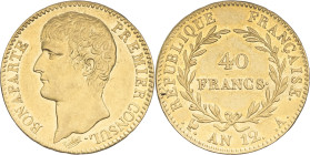 FRANCE - FRANCE
Consulat (1799-1804). 40 francs Bonaparte, Premier Consul An 12 (1804), A, Paris.
G.1080 - F.536 - Fr.479 ; Or - 12,91 g - 26 mm - 6 h...