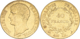 FRANCE - FRANCE
Consulat (1799-1804). 40 francs Bonaparte, Premier Consul An 12 (1804), A, Paris.
G.1080 - F.536 - Fr.479 ; Or - 12,83 g - 26 mm - 6 h...