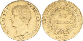 FRANCE - FRANCE
Consulat (1799-1804). 20 francs Bonaparte, Premier Consul An 12 (1804), A, Paris.
G.1020 - F.510 - Fr.480 ; Or - 6,43 g - 21 mm - 6 h
...