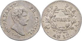 FRANCE - FRANCE
Consulat (1799-1804). Quart de franc Bonaparte An 12 (1804), A, Paris.
G.342 - F.157 ; Argent - 1,28 g - 15 mm - 6 h
Superbe.