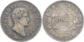 FRANCE - FRANCE
Consulat (1799-1804). Quart de franc Bonaparte An 12 (1804), A, Paris.
G.342 - F.157 ; Argent - 1,25 g - 15 mm - 6 h
Belle patine. TTB...