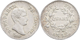 FRANCE - FRANCE
Consulat (1799-1804). Quart de franc Bonaparte An 12 (1804), A, Paris.
G.342 - F.157 ; Argent - 1,27 g - 15 mm - 6 h
Superbe.