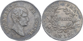 FRANCE - FRANCE
Consulat (1799-1804). Quart de franc Bonaparte An 12 (1804), A, Paris.
G.342 - F.157 ; Argent - 1,27 g - 15 mm - 6 h
Patine sombre. TT...