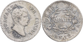 FRANCE - FRANCE
Consulat (1799-1804). Quart de franc Bonaparte An 12 (1804), A, Paris.
G.342 - F.157 ; Argent - 1,25 g - 15 mm - 6 h
Graffiti devant l...
