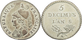 FRANCE - FRANCE
Consulat (1799-1804). Essai de 5 décimes de Lorthior An 8 (1800), A, Paris.
G.392 - Maz.584 ; Billon - 3,58 g - 23,5 mm - 6 h
Superbe....