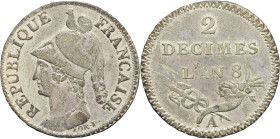 FRANCE - FRANCE
Consulat (1799-1804). Essai de 2 décimes de Lorthior AN 8 (1800), A, Paris.
G.301 - Maz.586a ; Billon - 2,30 g - 19,5 mm - 6 h
Rayure ...