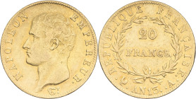 FRANCE - FRANCE
Premier Empire / Napoléon Ier (1804-1814). 20 francs tête nue, calendrier révolutionnaire An 13 (1805), A, Paris.
G.1022 - F.512 - Fr....
