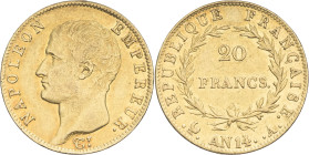 FRANCE - FRANCE
Premier Empire / Napoléon Ier (1804-1814). 20 francs tête nue, calendrier révolutionnaire An 14 (1806), A, Paris.
G.1022 - F.512 - Fr....