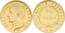 FRANCE - FRANCE
Premier Empire / Napoléon Ier (1804-1814). 20 francs tête nue, calendrier révolutionnaire An 14 (1806), A, Paris.
G.1022 - F.512 - Fr....
