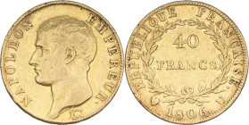 FRANCE - FRANCE
Premier Empire / Napoléon Ier (1804-1814). 40 francs tête nue, calendrier grégorien 1806, U, Turin.
G.1082 - F.538 - Fr.481 ; Or - 12,...