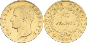 FRANCE - FRANCE
Premier Empire / Napoléon Ier (1804-1814). 20 francs tête nue, calendrier grégorien 1806, A, Paris.
G.1023 - F.513 - Fr.487a ; Or - 6,...
