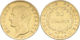 FRANCE - FRANCE
Premier Empire / Napoléon Ier (1804-1814). 20 francs tête nue, calendrier grégorien 1806, U, Turin.
G.1023 - F.513 - Fr.490 ; Or - 6,4...