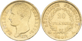 FRANCE - FRANCE
Premier Empire / Napoléon Ier (1804-1814). 20 francs type transitoire, grosse tête 1807, A, Paris.
G.1023a - F.514 - Fr.487a ; Or - 6,...