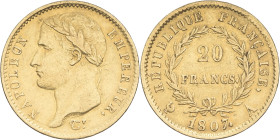 FRANCE - FRANCE
Premier Empire / Napoléon Ier (1804-1814). 20 francs République 1807, A, Paris.
G.1024 - F.515 - Fr.499 ; Or - 6,39 g - 21 mm - 6 h
TT...
