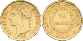 FRANCE - FRANCE
Premier Empire / Napoléon Ier (1804-1814). 20 francs République 1807, A, Paris.
G.1024 - F.515 - Fr.499 ; Or - 6,41 g - 21 mm - 6 h
TT...