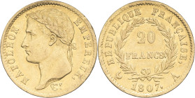 FRANCE - FRANCE
Premier Empire / Napoléon Ier (1804-1814). 20 francs République 1807, A, Paris.
G.1024 - F.515 - Fr.499 ; Or - 6,41 g - 21 mm - 6 h
TT...