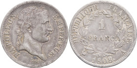 FRANCE - FRANCE
Premier Empire / Napoléon Ier (1804-1814). 1 franc République 1808, A, Paris.
G.446 - F.204 ; Argent - 4,98 g - 23 mm - 6 h
TTB.