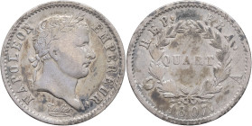 FRANCE - FRANCE
Premier Empire / Napoléon Ier (1804-1814). Quart de franc République 1807, A, Paris.
G.349 - F.161 ; Argent - 1,18 g - 15 mm - 6 h
TTB...