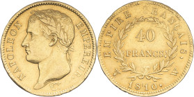 FRANCE - FRANCE
Premier Empire / Napoléon Ier (1804-1814). 40 francs Empire 1810, W, Lille.
G.1084 - F.541 - Fr.509 ; Or - 12,87 g - 26 mm - 6 h
TTB.