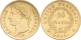 FRANCE - FRANCE
Premier Empire / Napoléon Ier (1804-1814). 20 francs Empire 1811, A, Paris.
G.1025 - F.516 - Fr.511 ; Or - 6,40 g - 21 mm - 6 h
Quelqu...