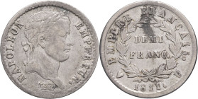 FRANCE - FRANCE
Premier Empire / Napoléon Ier (1804-1814). Demi-franc Empire 1811, U, Turin.
G.399 - F.178 ; Argent - 2,48 g - 18 mm - 6 h
Flan légère...