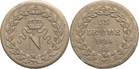 FRANCE - FRANCE
Premier Empire / Napoléon Ier (1804-1814). Un décime à l’N couronnée 1814, BB, Strasbourg.
G.195b - F.131 ; Bronze - 22,74 g - 32 mm -...