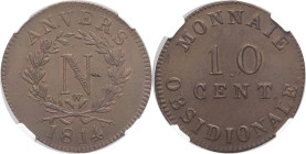 FRANCE - FRANCE
Premier Empire / Napoléon Ier (1804-1814). 10 centimes siège d’Anvers, 1er type 1814 W, Anvers (atelier de l’arsenal).
G.191c ; Bronze...