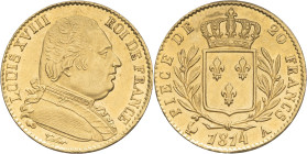 FRANCE - FRANCE
Louis XVIII (1814-1824). 20 francs buste habillé 1814, A, Paris.
G.1026 - F.517 - Fr.525 ; Or - 6,41 g - 21 mm - 6 h
Avec tout son bri...